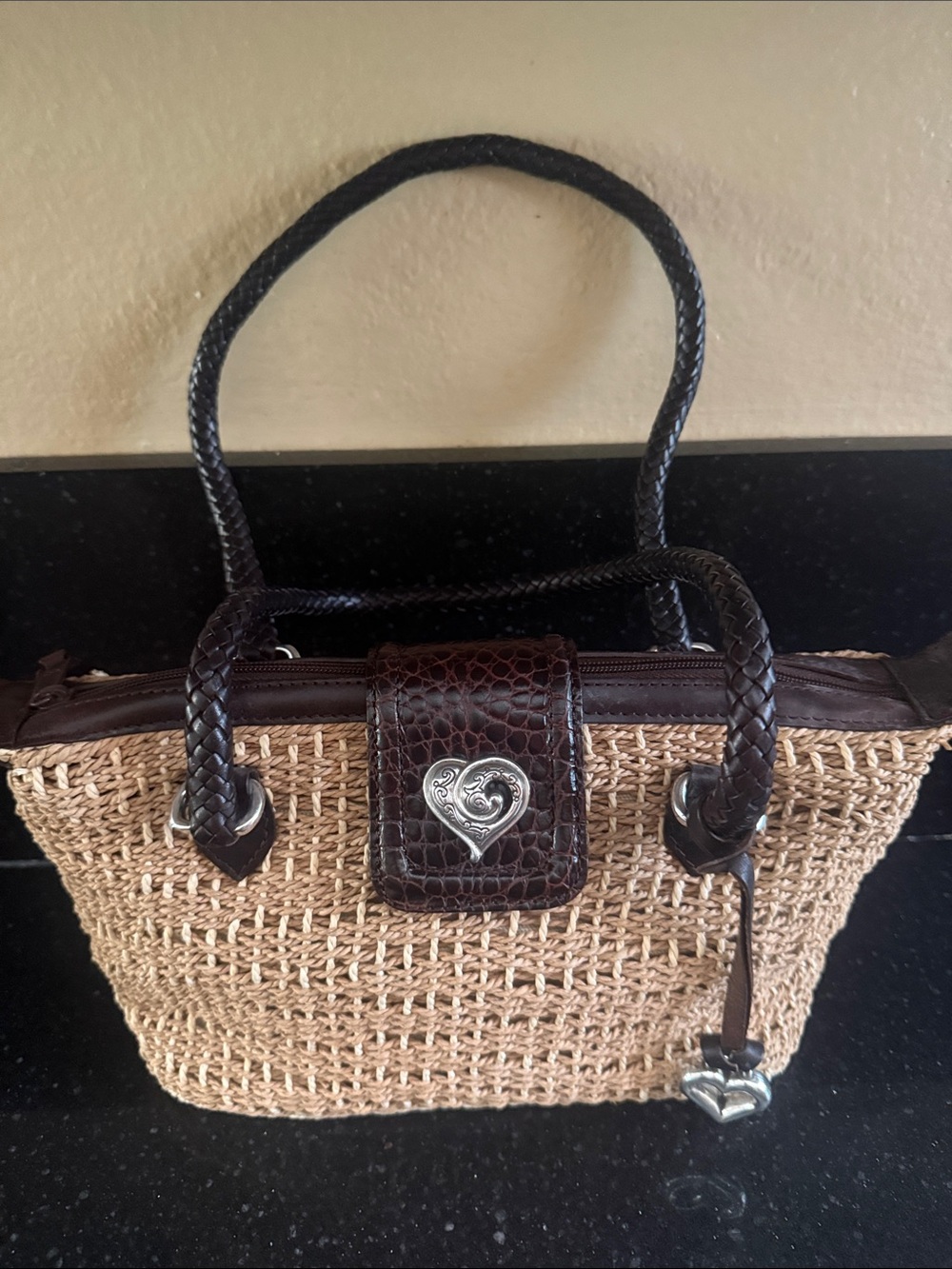 Vintage Brighton Woven Straw Tote with Dark Brown Trim and Heart fob